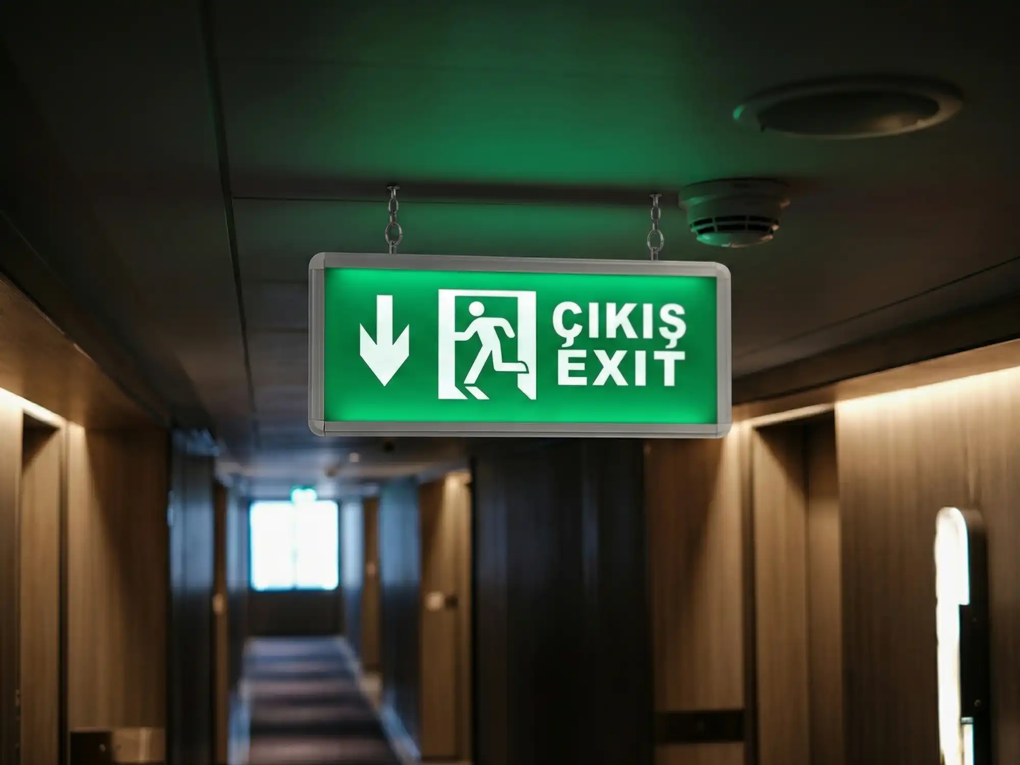 Koridorda monte edilmiş acil çıkış yönlendirme armatürü ve acil aydınlatma armatürü - yangın tahliye güzergahı aydınlatması | Levent Elektrik