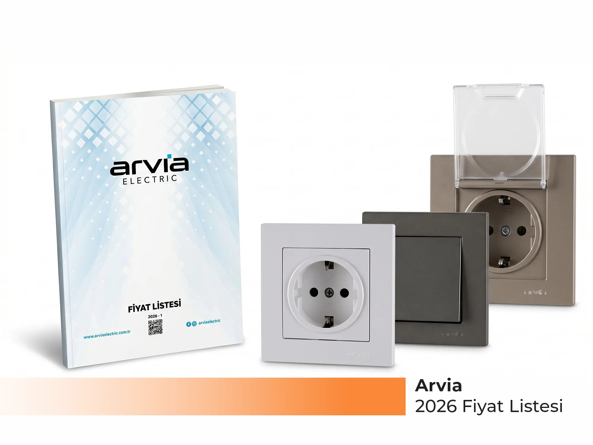 Arvia Electric 2026 güncel fiyat listesi kapağı, Karen ve Lavin anahtar-priz serileri ile sigorta kutusu ürün gruplarını içeren katalog - Levent Elektrik Antalya