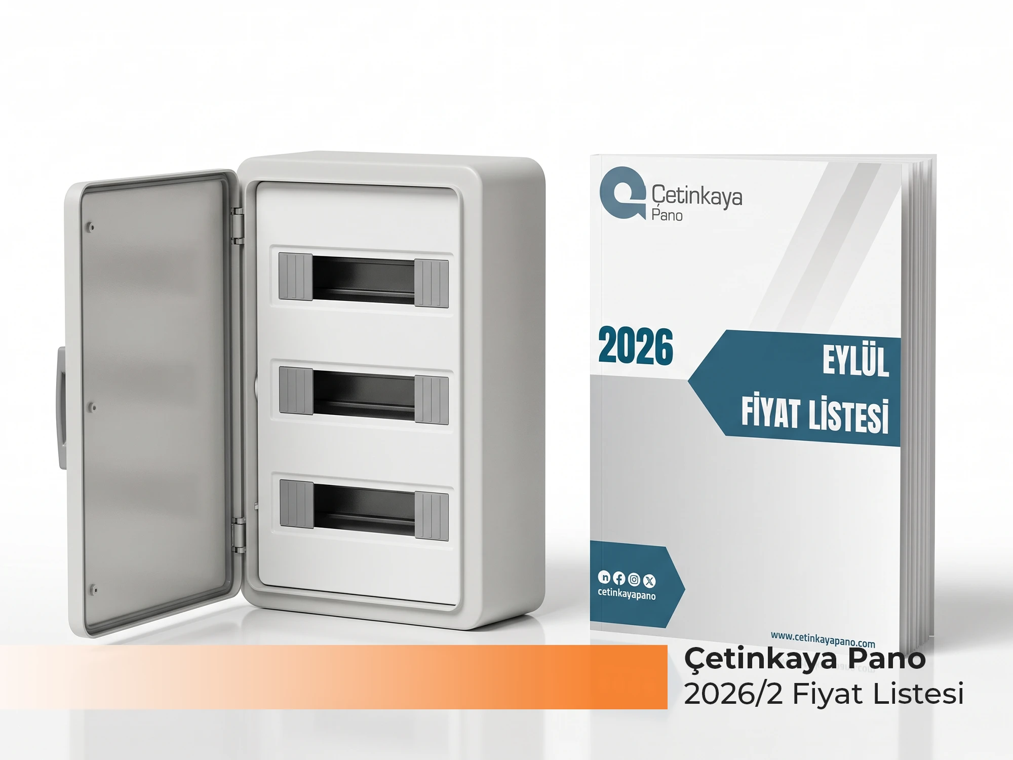 Çetinkaya Pano 2026 Eylül fiyat listesi kapağı ve yanında kapağı açık, üç sıralı sıva üstü sigorta kutusu - Levent Elektrik Antalya