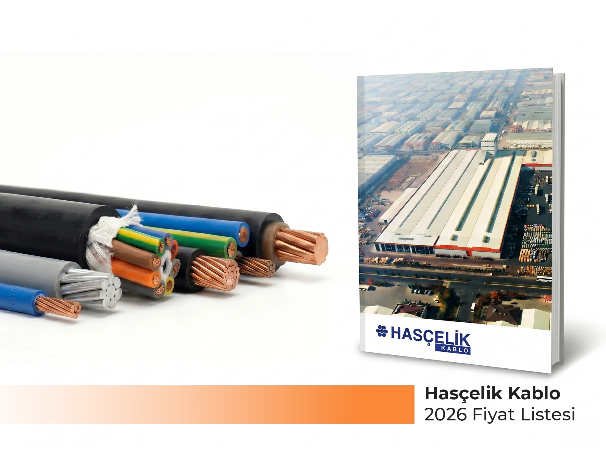 Hasçelik Kablo 2026 güncel fiyat listesi kapağı, NYY ve NYM enerji kabloları, orta gerilim kabloları, halojensiz N2XH ve OPGW optik toprak teli ürünlerini içeren katalog - Levent Elektrik Antalya