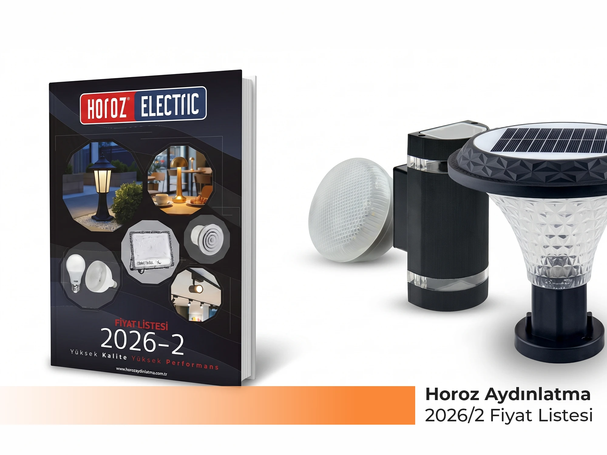 Horoz Aydınlatma 2026/2 güncel fiyat listesi kapağı, LED ampul, panel, projektör, şerit LED ve tavan fanı ürünlerini içeren aydınlatma kataloğu - Levent Elektrik Antalya