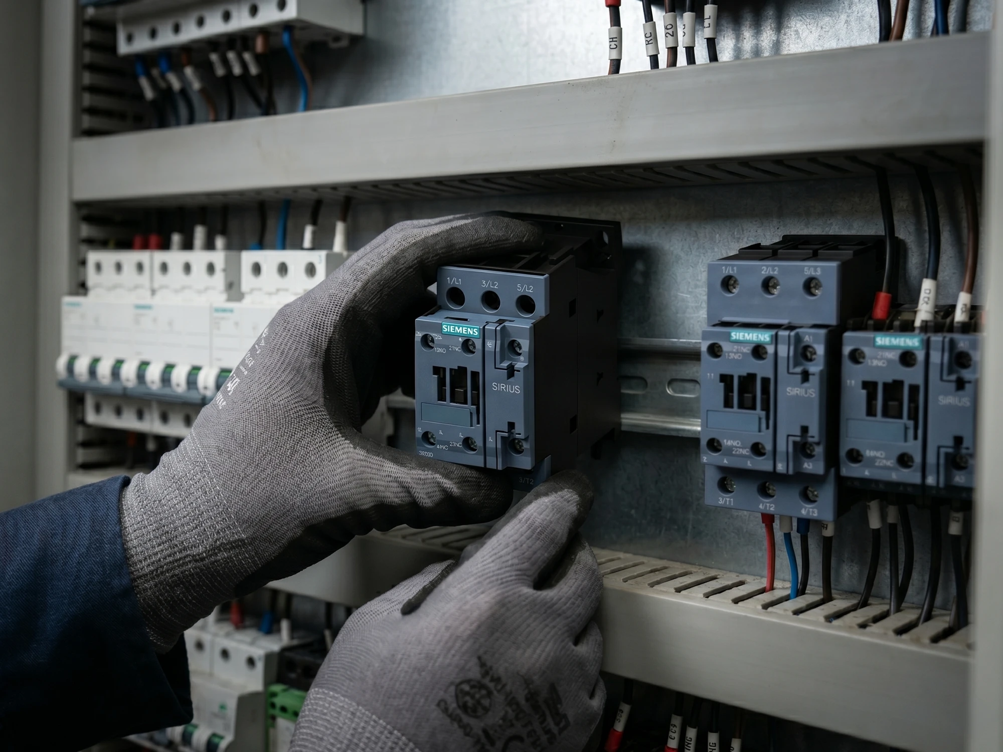 Elektrik panosu içinde DIN rayına monte edilmiş üç fazlı kontaktör, bobin terminalleri ve yardımcı kontak modülü yakın plan görünüyor | Levent Elektrik