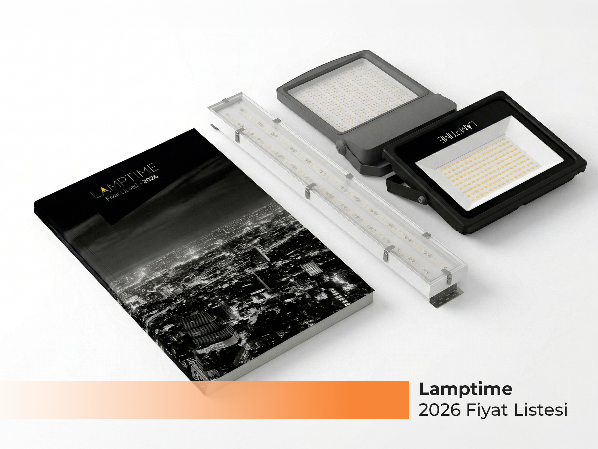 Lamptime 2026 güncel fiyat listesi kapağı, LED panel ve armatür ürün gruplarını içeren profesyonel aydınlatma kataloğu - Levent Elektrik Antalya