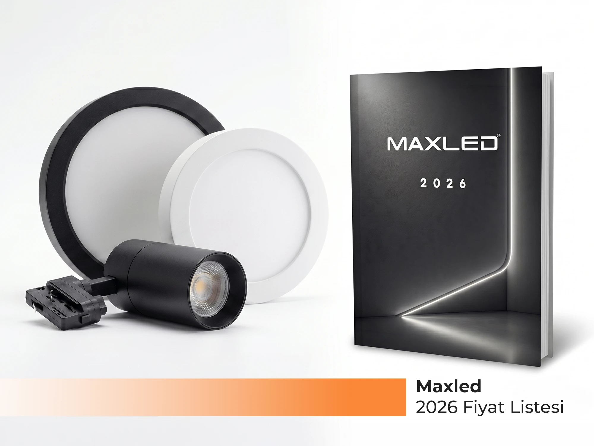 Maxled 2026 güncel fiyat listesi kapağı, LED panel, projektör, downlight ve şerit LED ürün gruplarını içeren aydınlatma kataloğu - Levent Elektrik Antalya