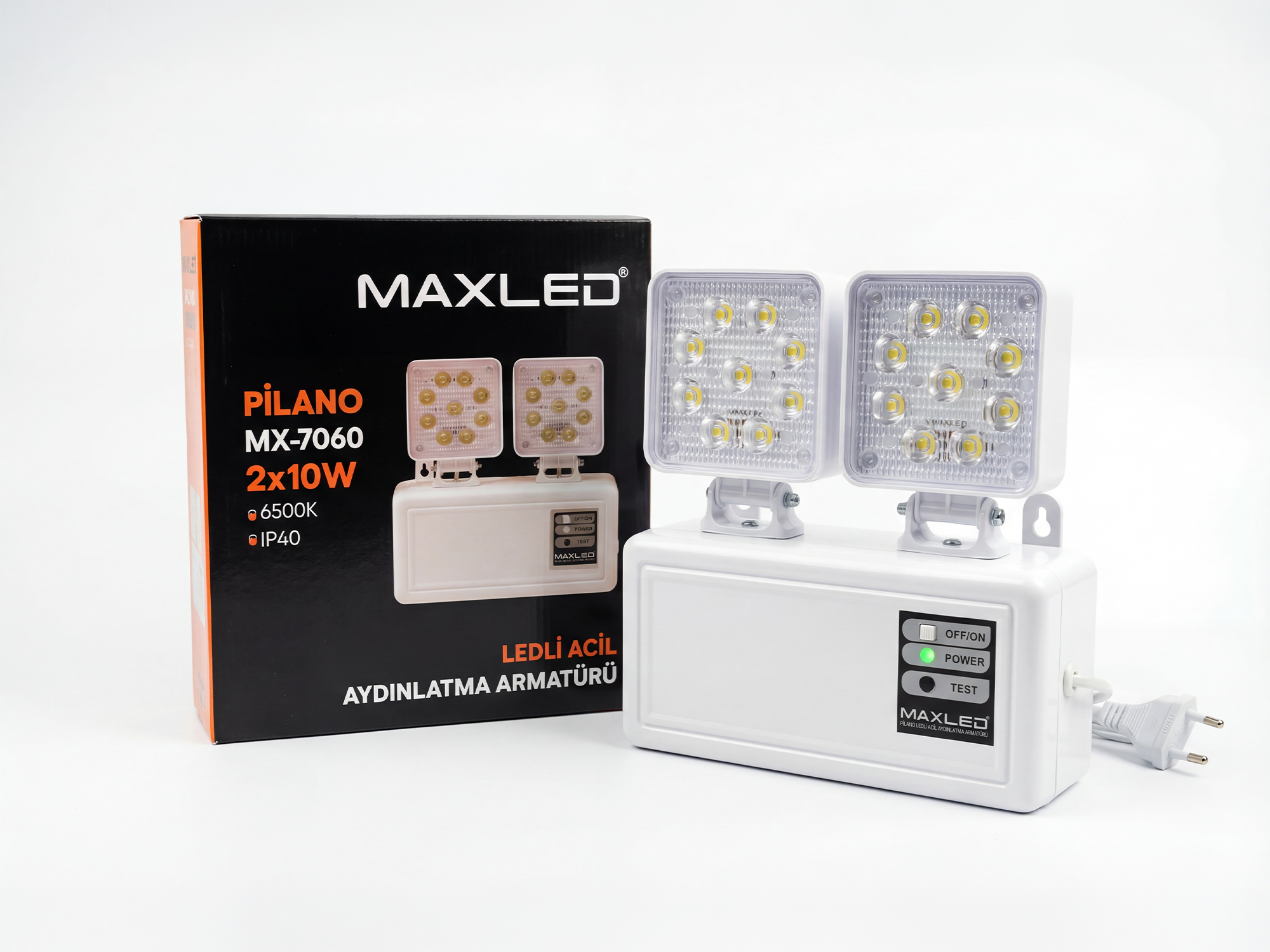 Maxled Pilano MX-7060 LED acil aydınlatma armatürü 2x10W 6500K IP40 - profesyonel acil aydınlatma çözümü | Levent Elektrik Antalya