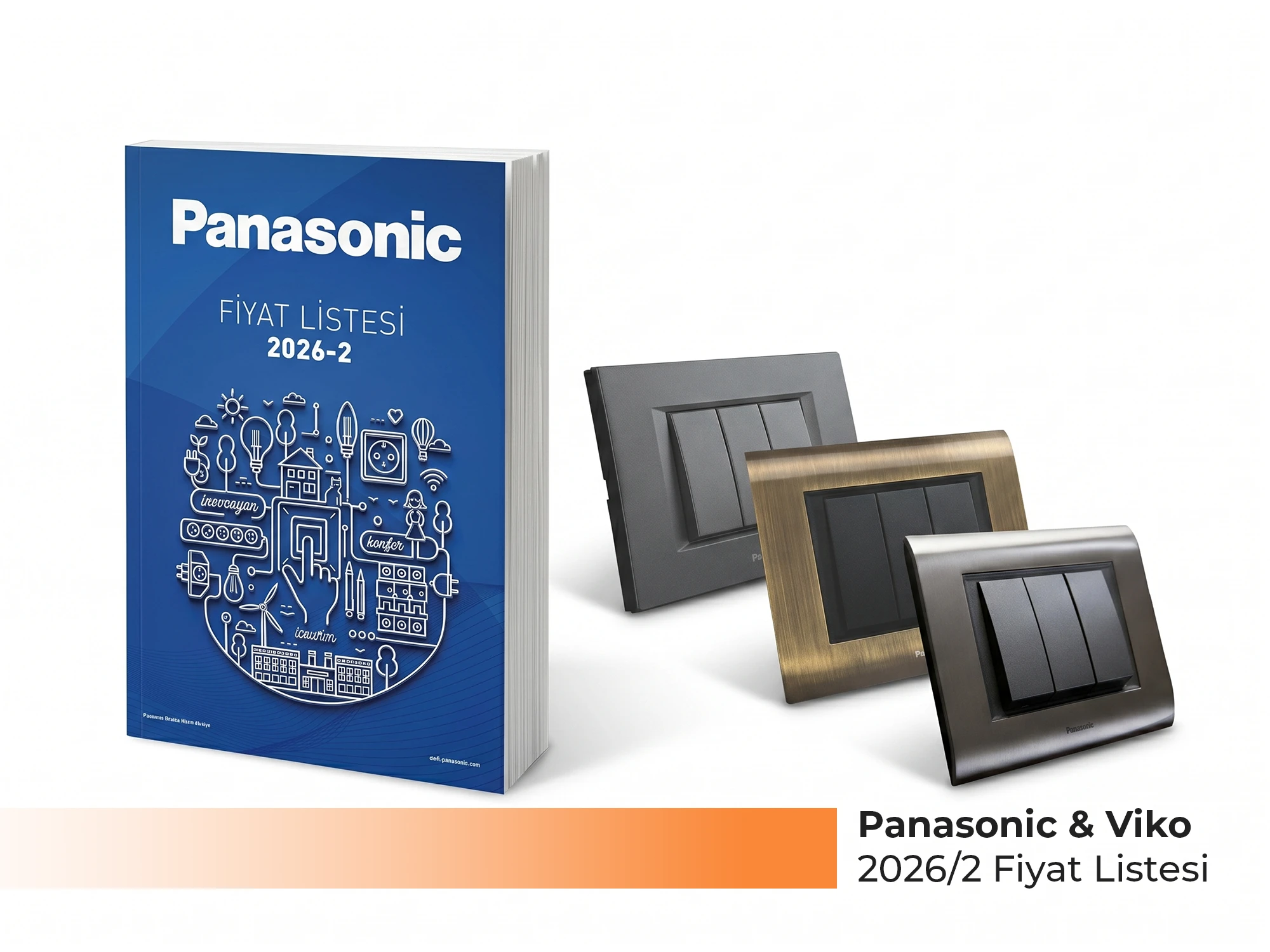 Panasonic ve Viko 2026/2 ortak fiyat listesi kapağı, Thea modüler anahtar-priz, Karre ve Novella serileri, LED aydınlatma ve otomatik sigorta ürünlerini içeren katalog - Levent Elektrik Antalya