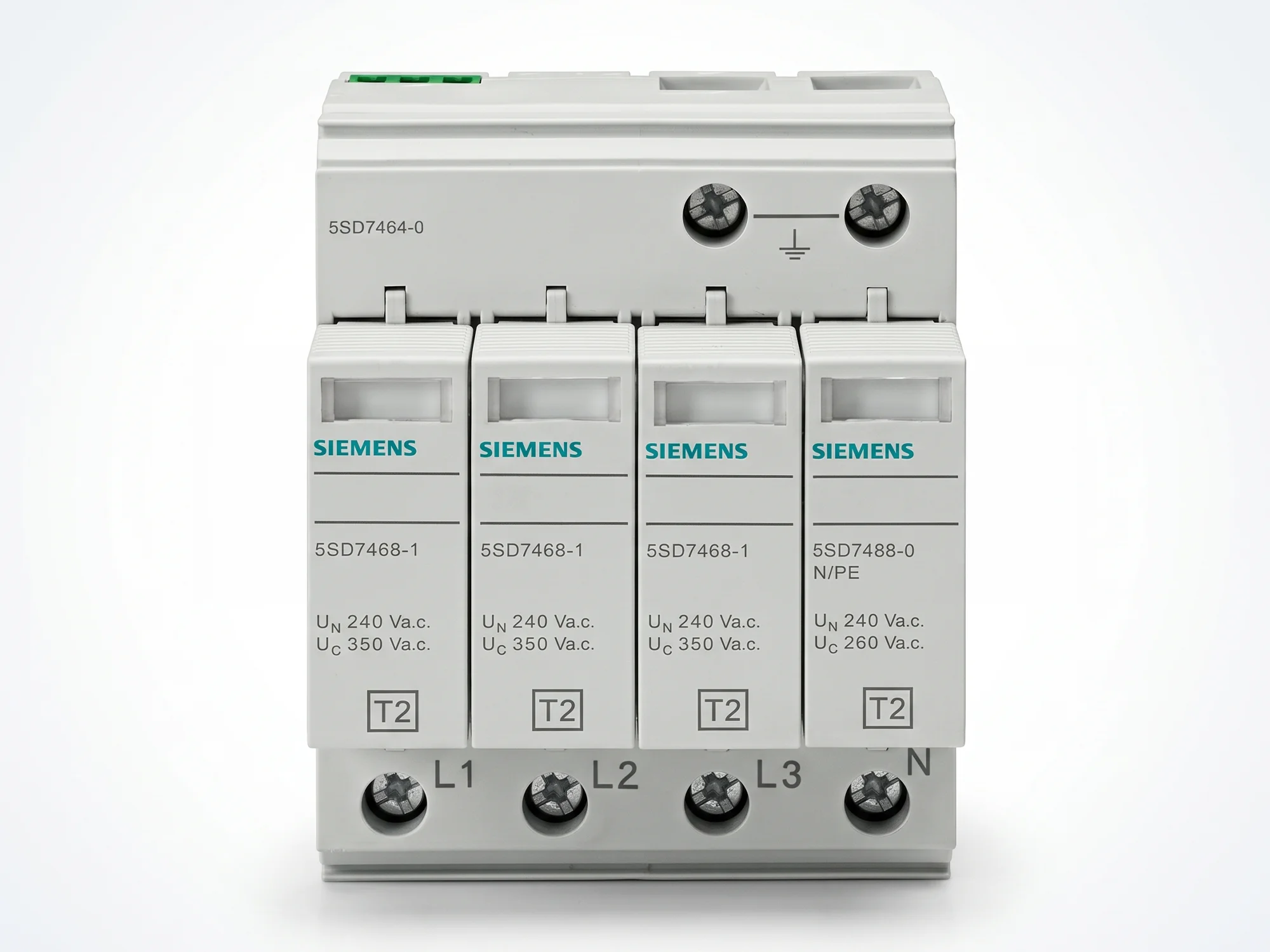 Dört kutuplu Siemens parafudrun önyüzü; kartuşlarda T2 sınıfı, UN 240 V ve Uc 350 V etiket değerleri okunuyor