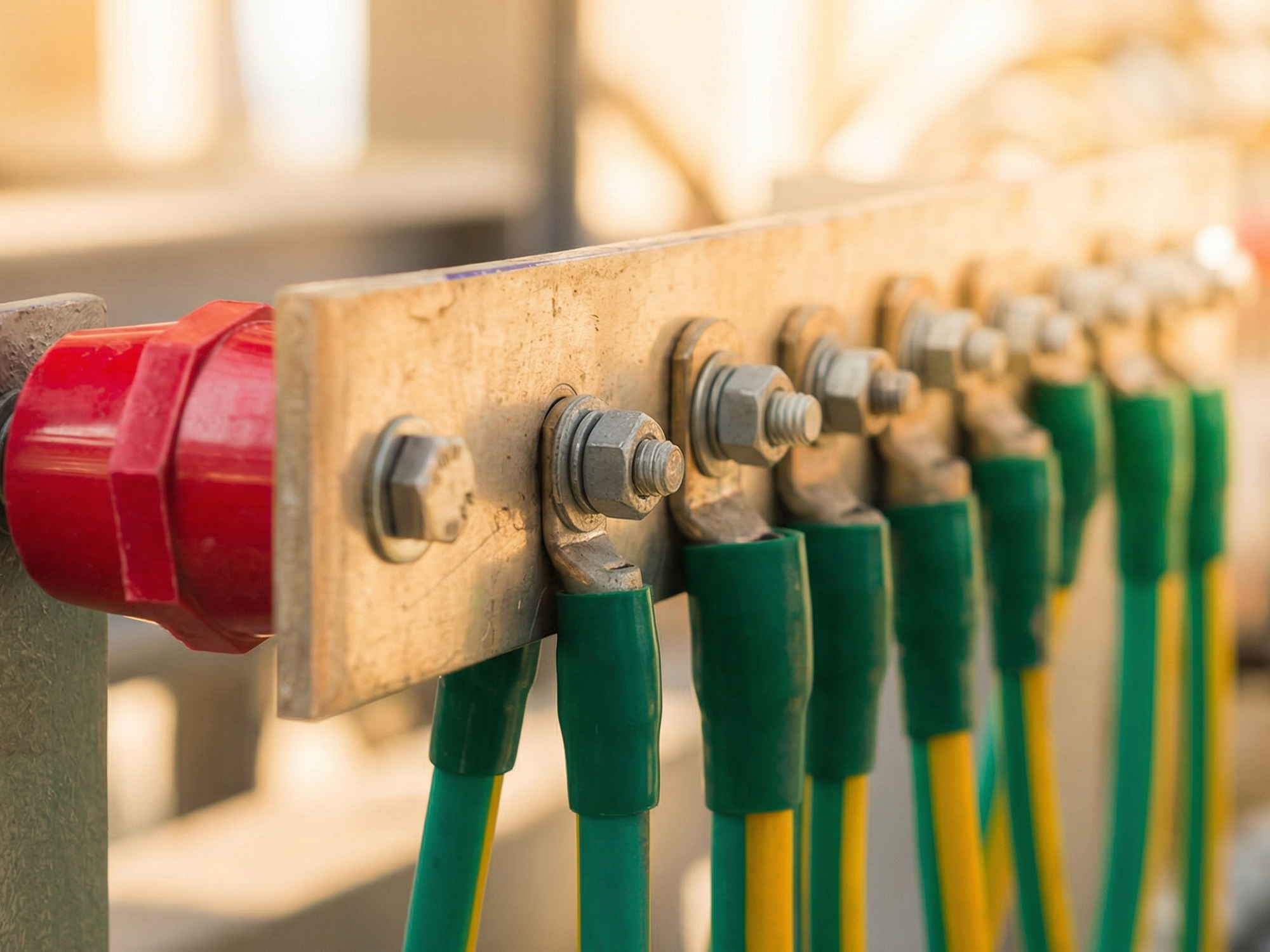 Topraklama barası üzerinde sarı yeşil topraklama kabloları ve cıvatalı bağlantı detayı | Levent Elektrik