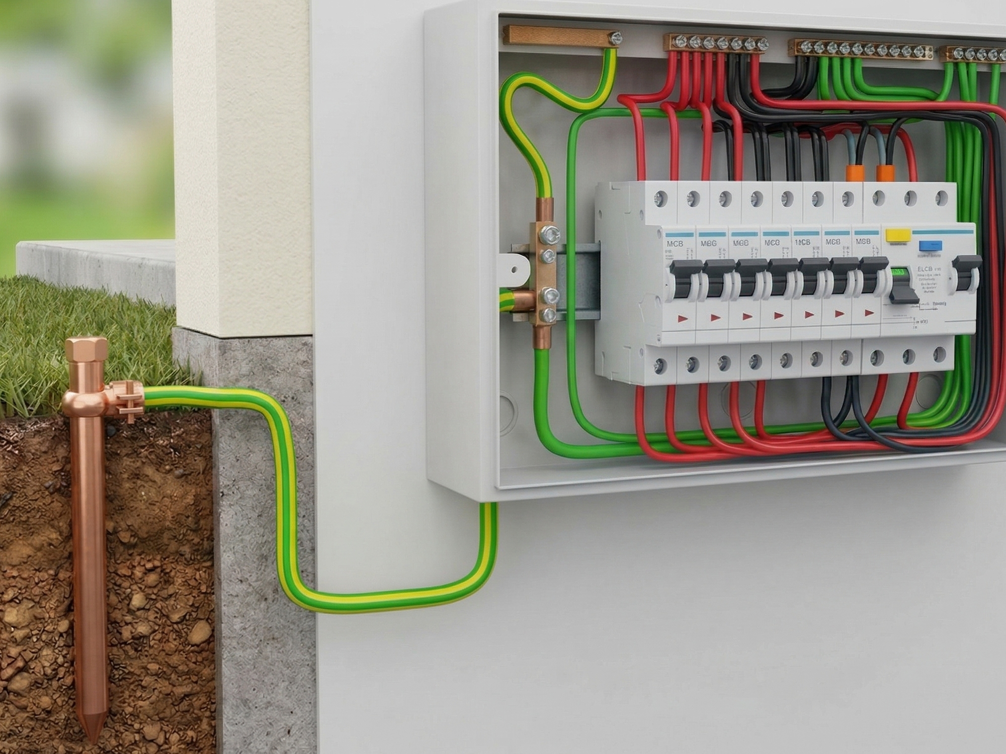 Topraklama sistemi genel görünüm - dağıtım panosu sarı yeşil topraklama kablosu ve toprağa gömülü bakır çubuk elektrot bağlantısı | Levent Elektrik