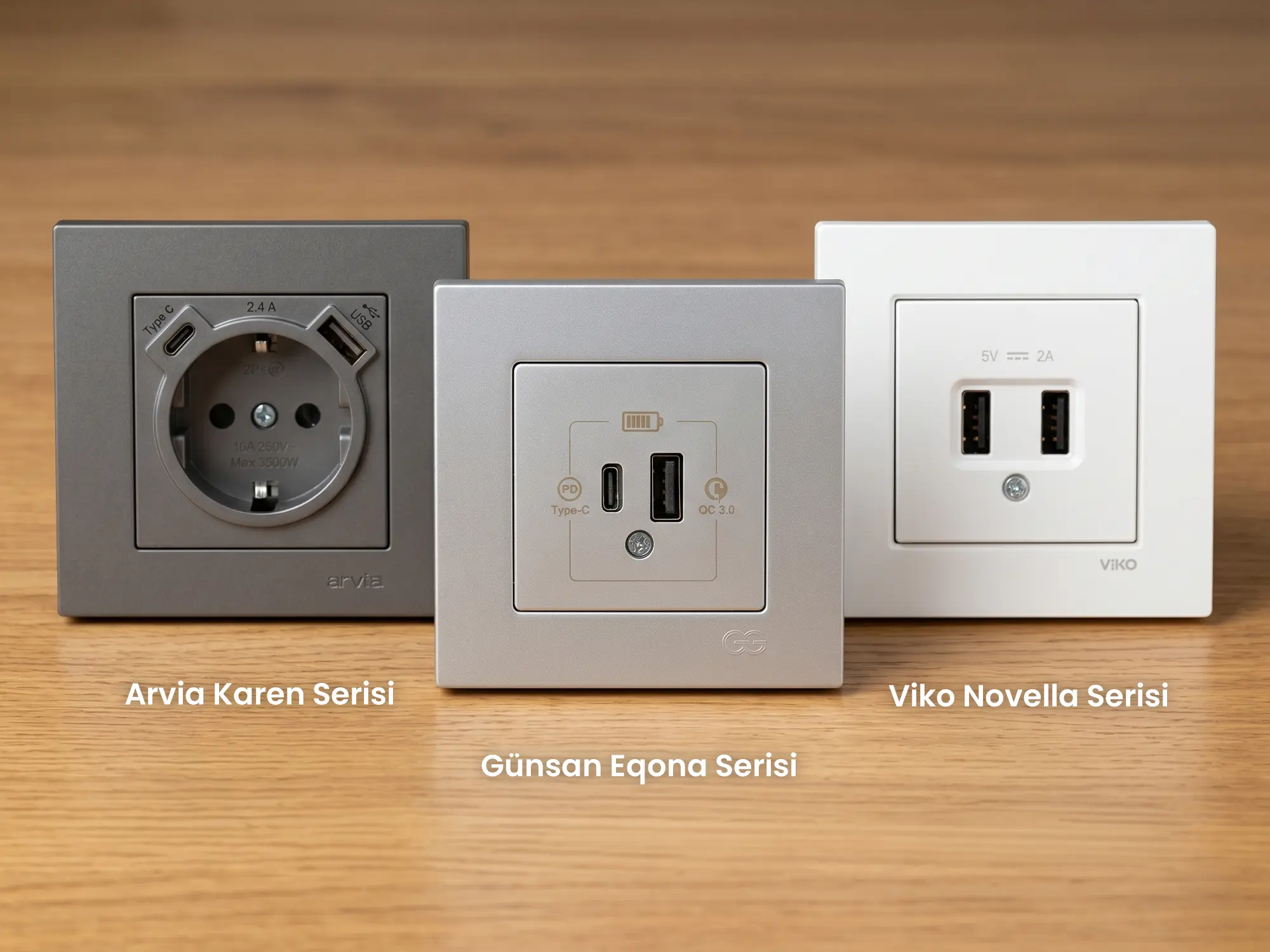 Arvia Karen, Günsan Eqona, Viko Artline Novella ve Panasonic Modüler USB'li priz modelleri yan yana beyaz zeminde görünüyor | Levent Elektrik