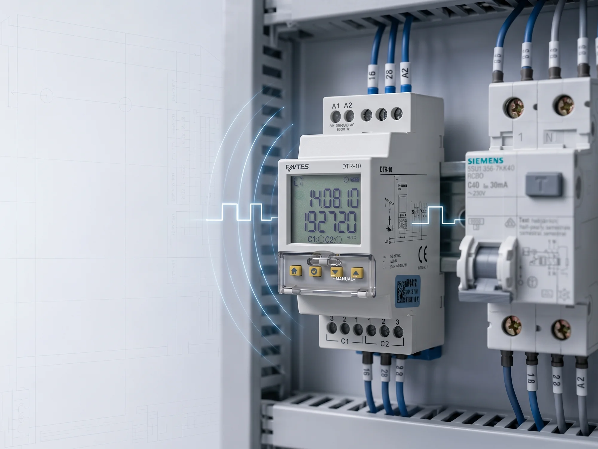 Elektrik panosunda DIN raya monte edilmiş Entes DTR-10 astronomik zaman rölesi ve otomat sigortalar | Levent Elektrik